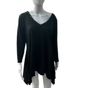 Essentials By Milano Women’s Sz L Tunic Black Handkerchief Hem Studded Boho Top